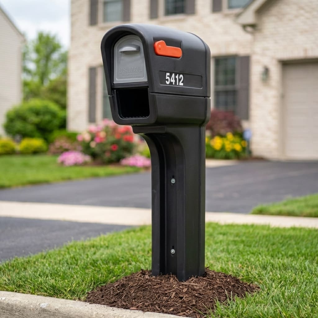 Black plastic post-mounted mailbox installed in front of a Chicago-area home