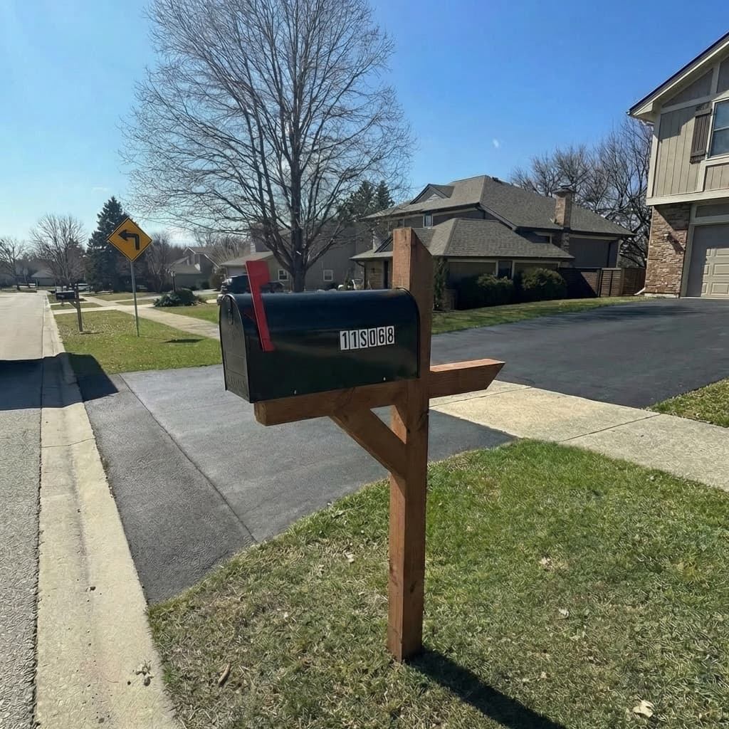 Classic wood mailbox on 6x6 post installed in a Chicago suburb neighborhood