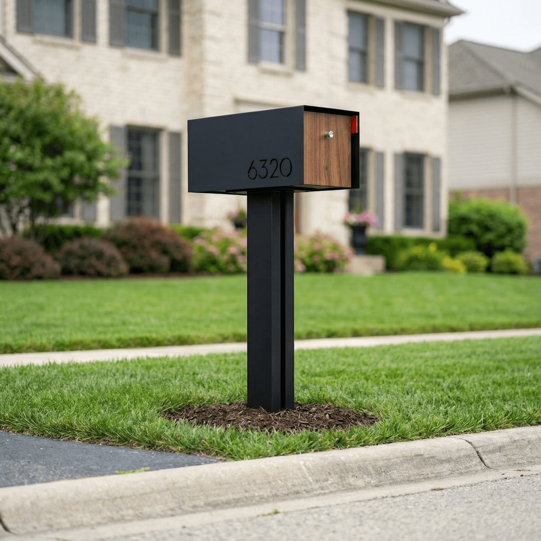 Waldo Luxury contemporary geometric aluminum mailbox installed in Chicago suburb