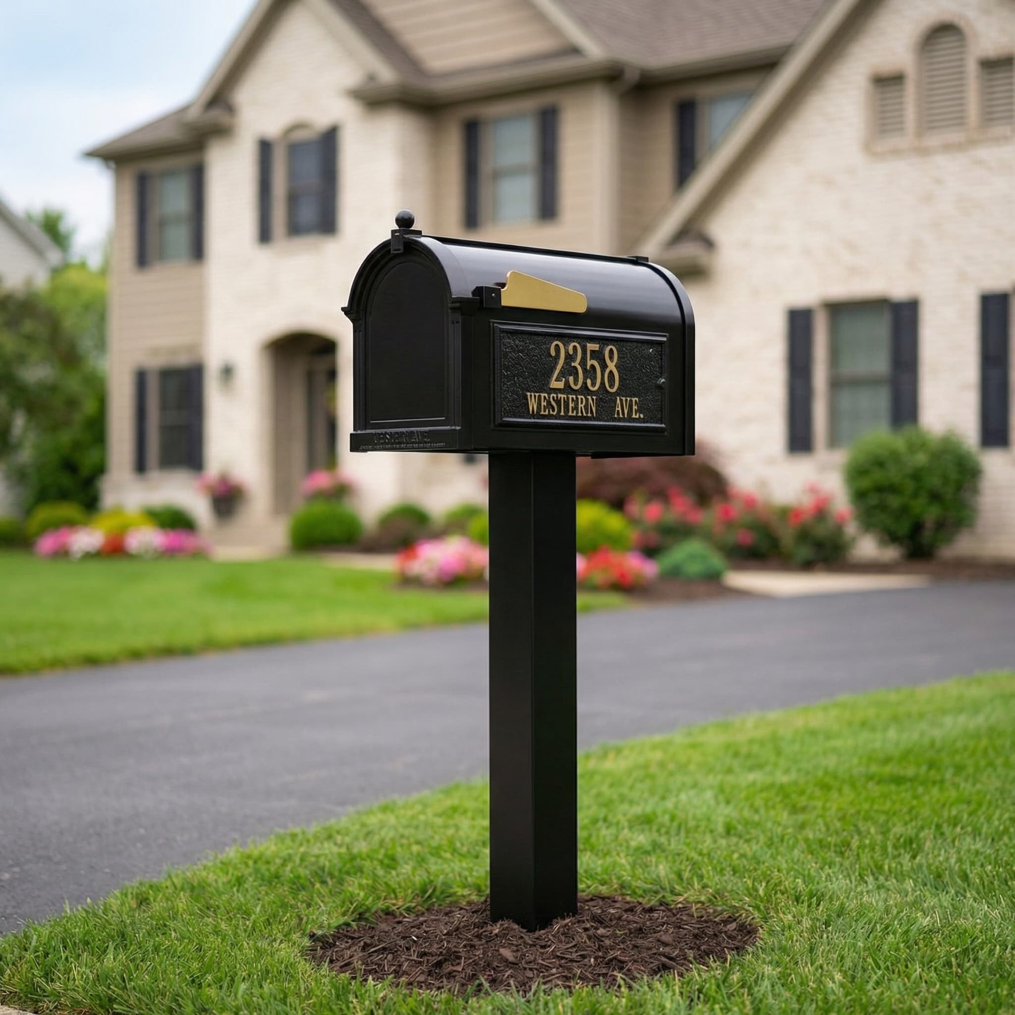 Whitehall premium cast aluminum mailbox with ornate post in Chicagoland