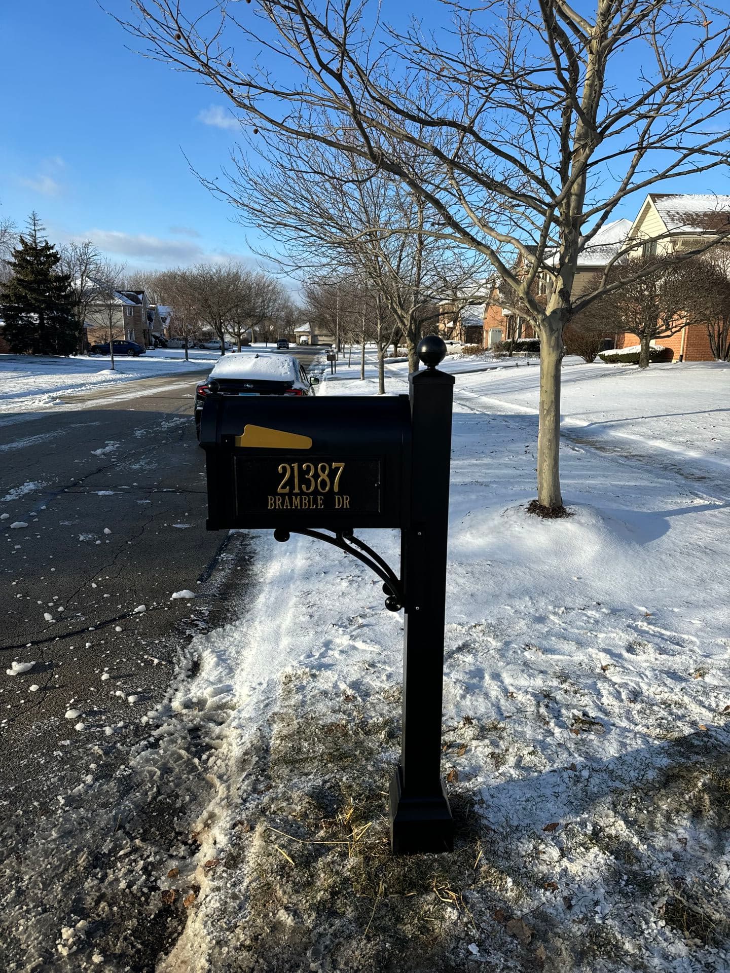 Post-mounted mailbox installed at a suburban home in Lemont, IL
